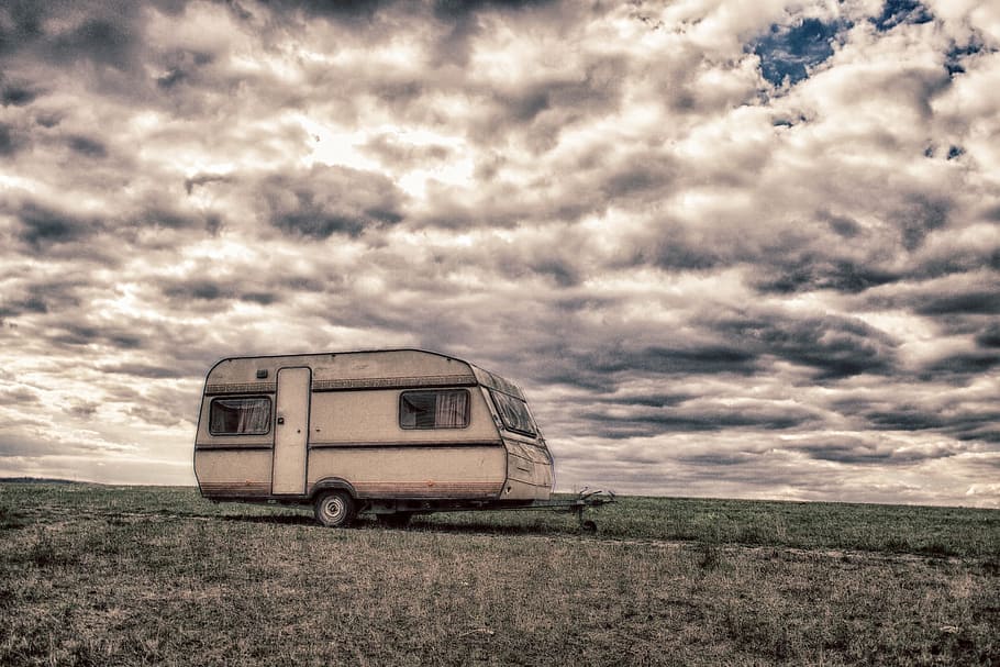 Caravan, Dramatic, Dark, Meadow, Mobile, house, sky, outdoor, field, cloud
