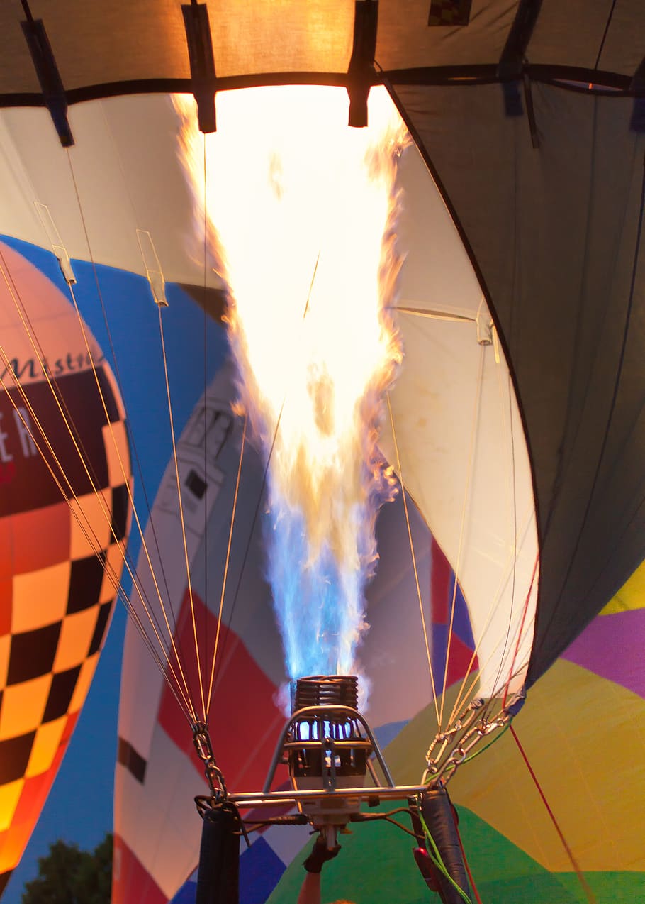 flame, burner, hot air balloon, drive, flying, basket, fire, heat, hot, glow