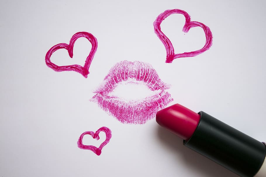 pink, lipstick, white, surface, lips, imprint, love, hearts, romance, saint valentine's day