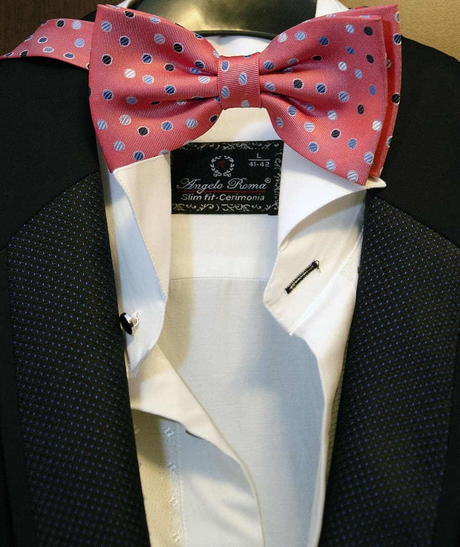 white, pink, angels roma apparel, bow, suit, male, person, elegant, fashion, tie