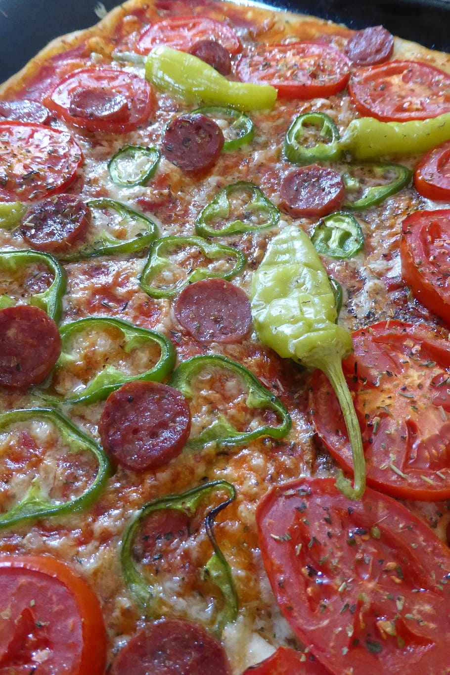 Italian, Food, Pizza Topping, pizza, italian, food, salami, pepperoni, tomatoes, dough, lunch