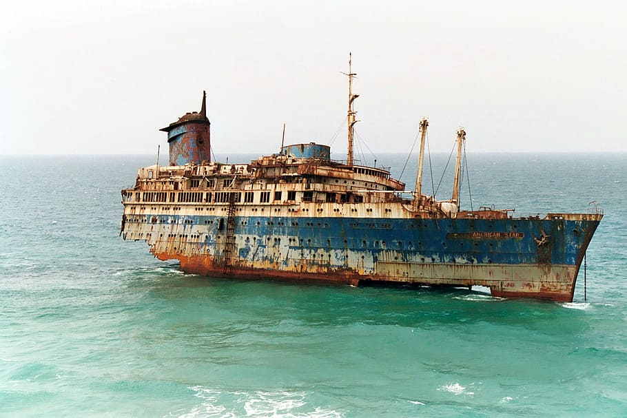 blue, brown, ship, surrounded, body, water, wreck, american star, fuerteventura, sea