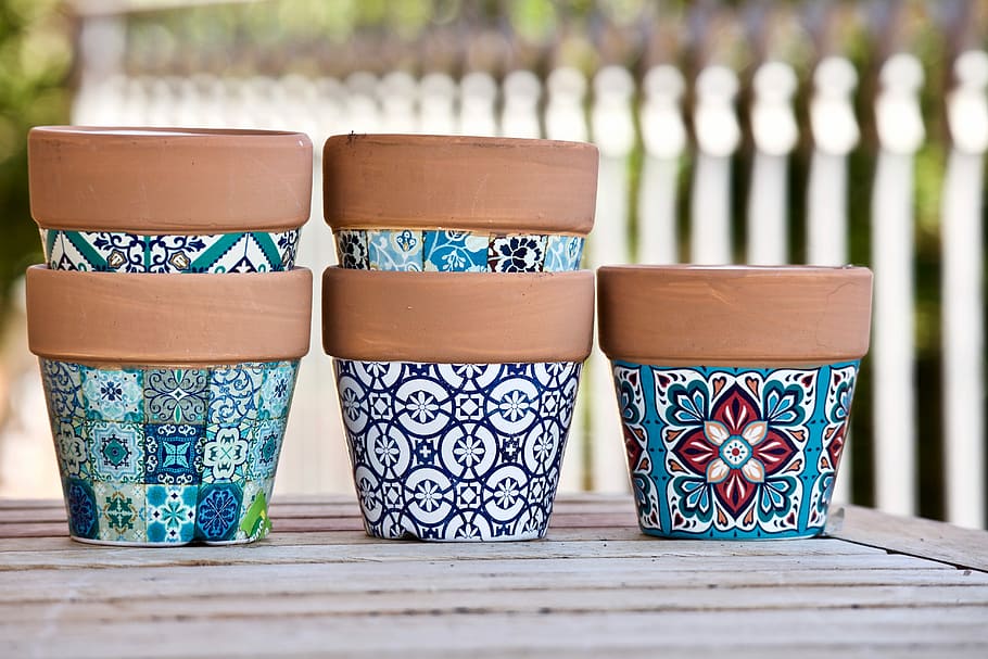 selective, focus photo, five, assorted-color, floral, pots, vases, terracotta pots, gardening, terracotta