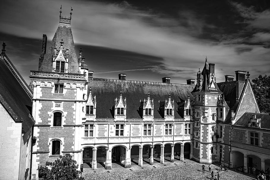 castle, blois, architecture, france, renaissance, windows, court, arcade, facade, black and white