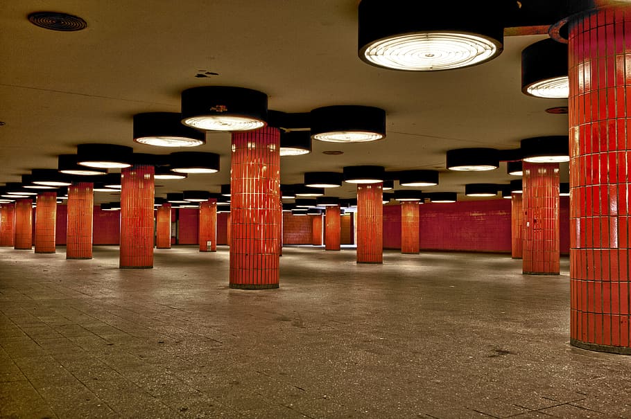 berlin, u-bahn station icc, u, railway station, illuminated, architecture, architectural column, lighting equipment, indoors, subway