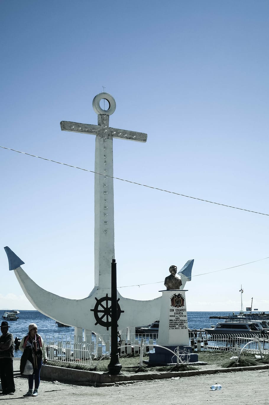 anchor monument, white, anchor, statue, view, daytime, Copacabana, Bolivia, landmark, water