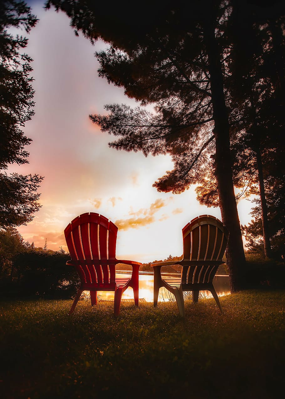 two, adirondack chairs, tree, canada, sunset, sky, clouds, dusk, evening, chairs