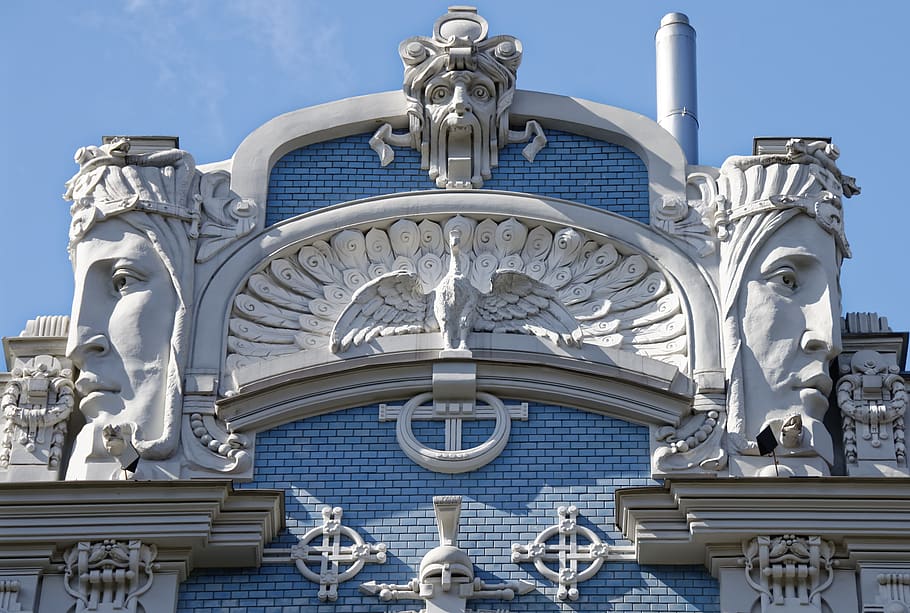 Letonia, Riga, Neustadt, art nouveau, arquitectura, edificio, fachada de la casa, detalle, ciudad, estados bálticos