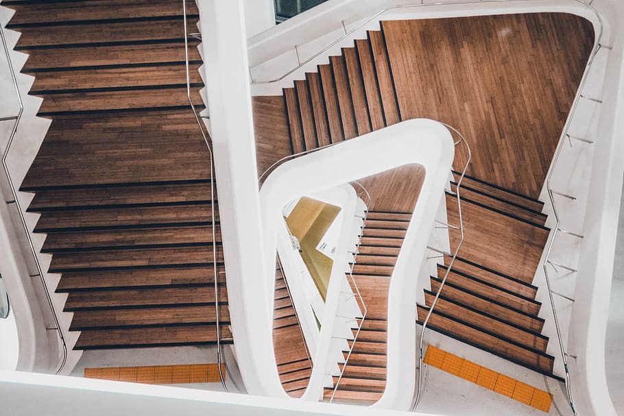 architecture, building, infrastructure, structure, establishment, stairs, steps and staircases, indoors, wood - material, high angle view