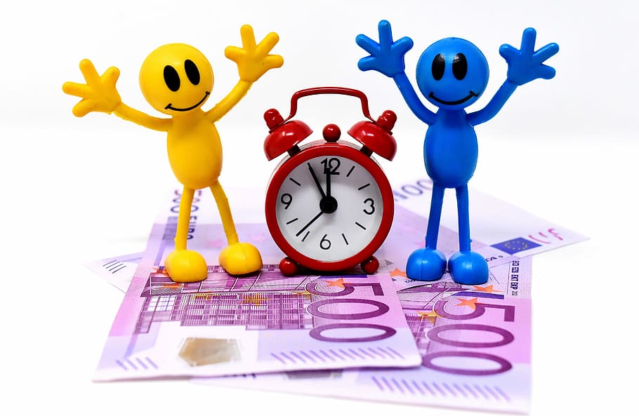red, bell alarm clock, banknote, time is money, bank note, figures, funny, clock, time indicating, money