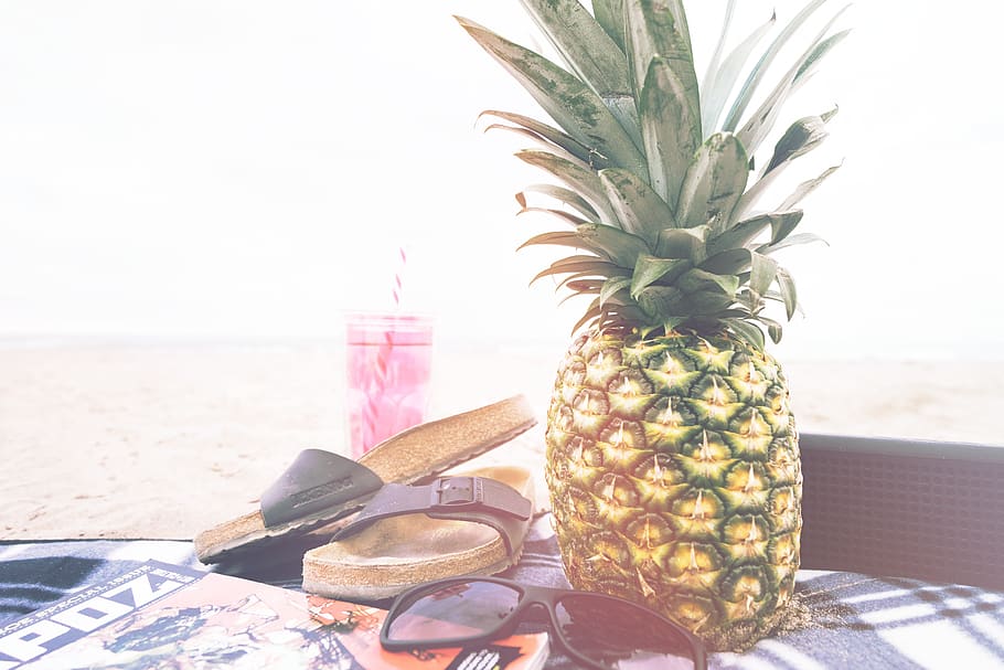 pineapple, dessert, appetizer, fruit, juice, crop, slippers, shades, camping, food and drink