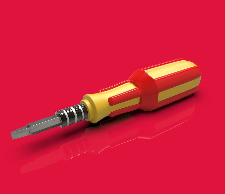 flat screwdriver, metal, mechanic, red, colored background, syringe, single object, sharp, indoors, needle