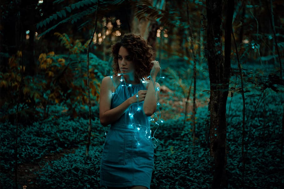 woman, wearing, blue, sleeveless dress, surrounded, green, grass, string lights, people, girl