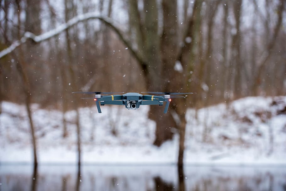 câmera, drone, helicóptero, fotografia, desfoque, exterior, neve, temperatura fria, inverno, árvore