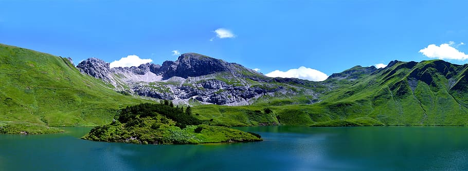 cuerpo, agua, al lado, verde, montaña, schrecksee, allgäu, hochgebirgssee, alpino, lago