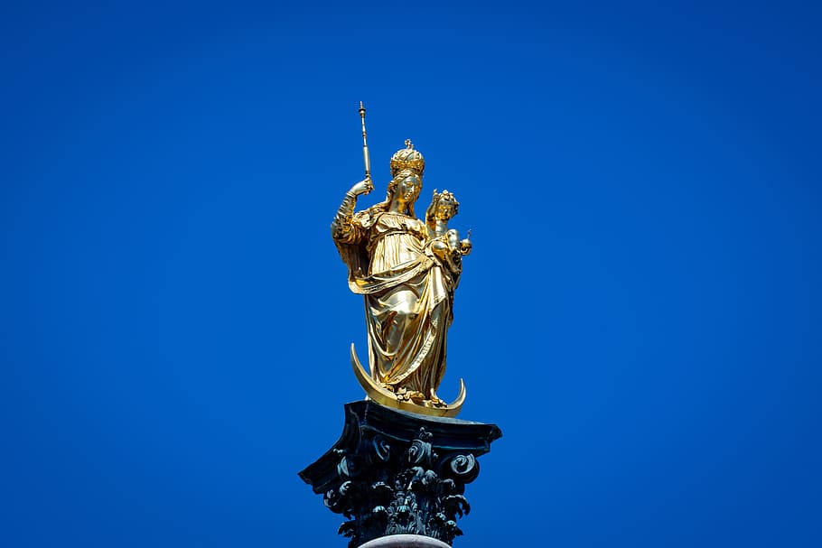 statue, gold, marian column, munich, bavaria, marienplatz, religion, faith, monument, space
