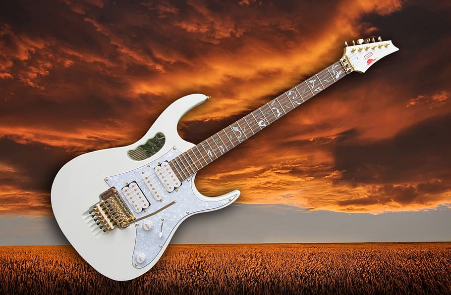 gitar listrik putih, Gitar E, Gitar, Musik, elektrik, alat musik, musik rock, rock, instrumen, gitar listrik