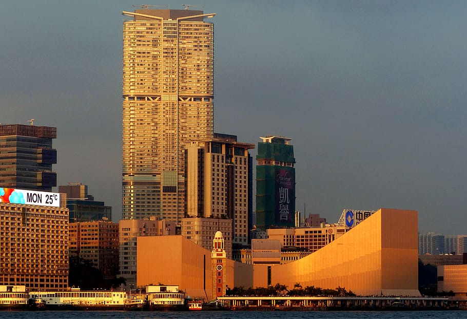 Sore, Kowloon, Hong Kong, gedung kota krem, arsitektur, eksterior bangunan, struktur bangunan, bangunan, kota, langit
