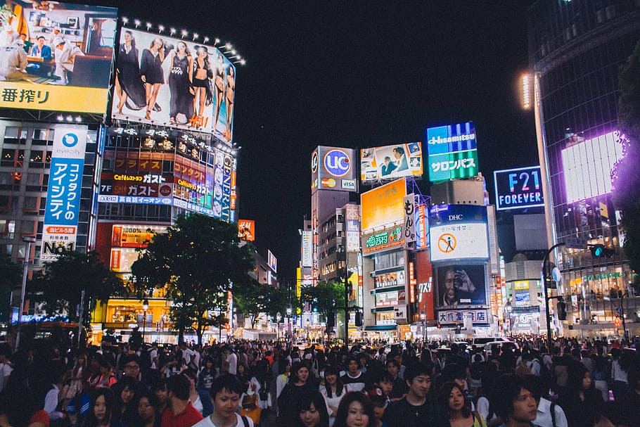 group, people, shibuya crossing, tokyo, japan, asia, crowd, busy, traffic, billboards