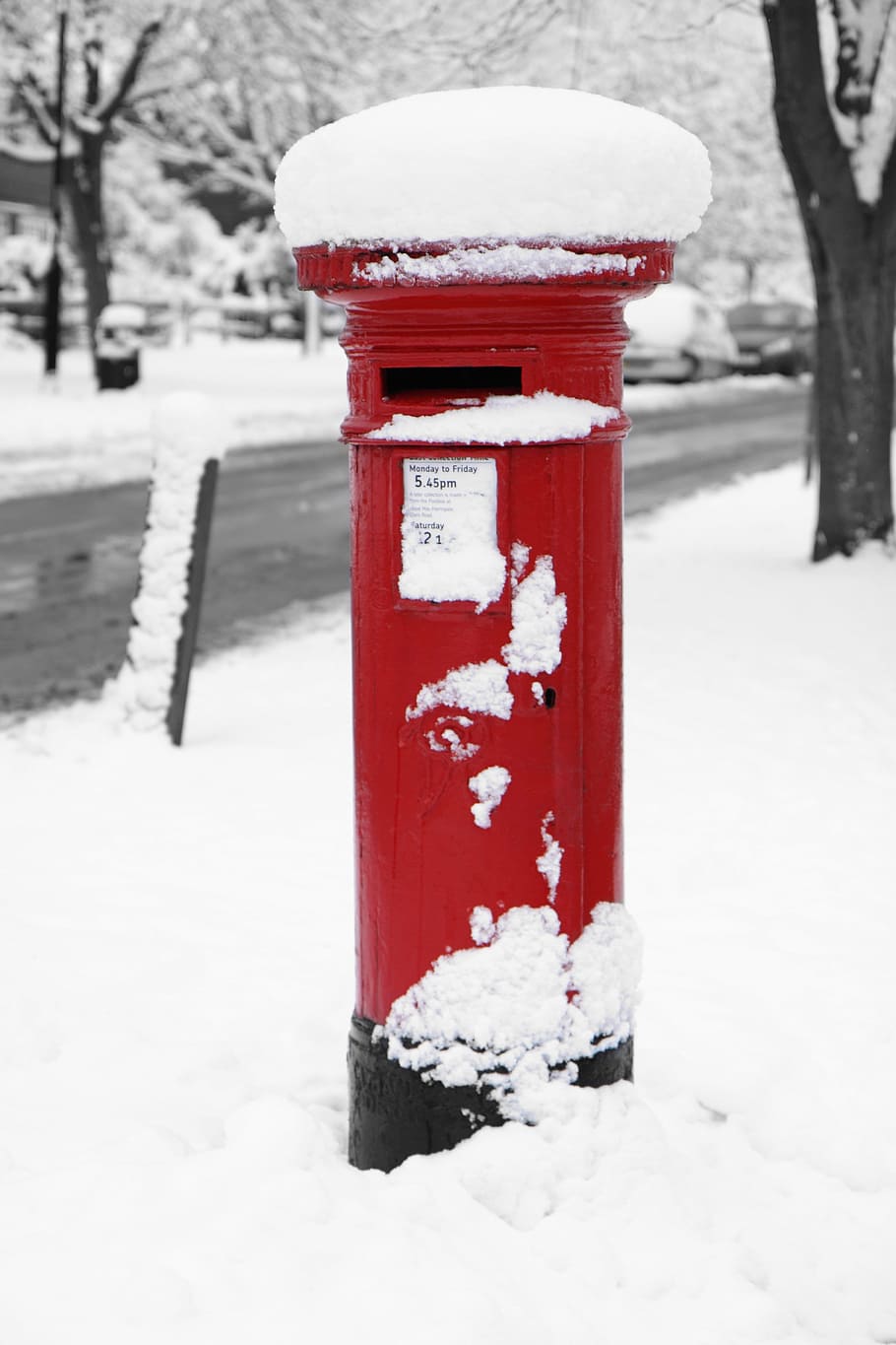 red, metal post, snow, covered, ground, box, britain, british, england, english