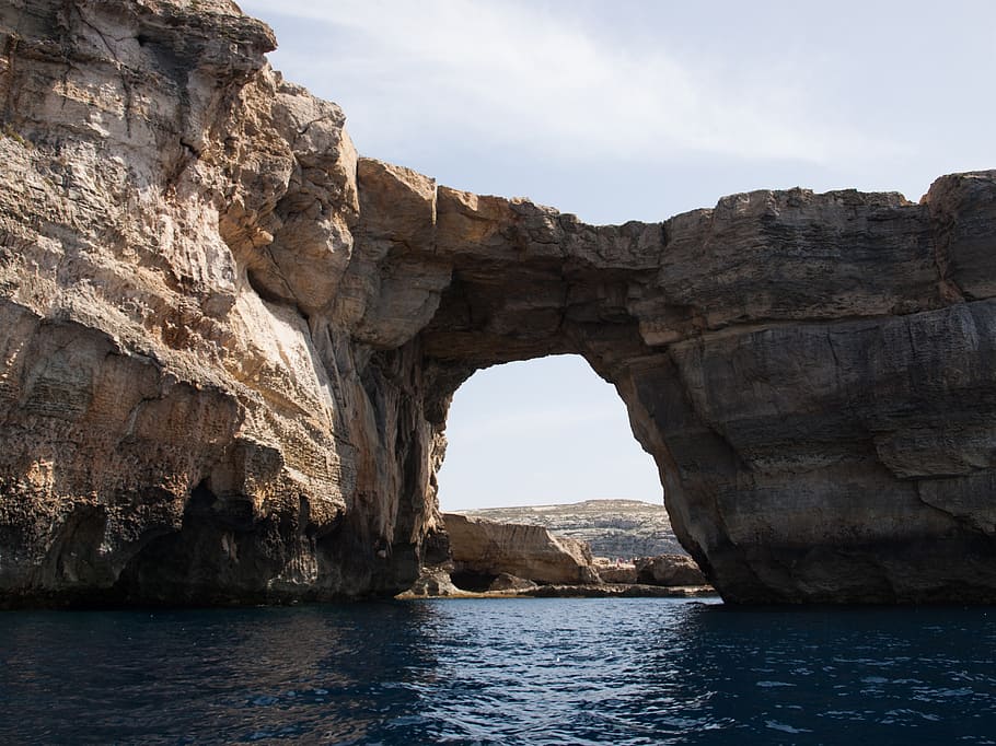 body, water, besides, cliff, gozo, azure window, sea, rock, rock formation, arch