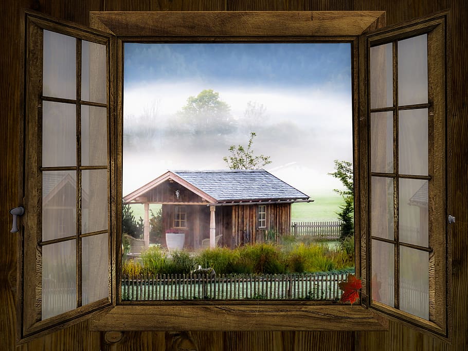 brown, wooden, house illustration, window, autumn, outlook, landscape, fog, window frames, hut