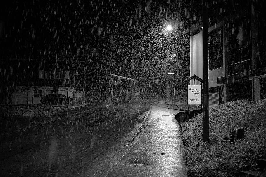 grayscale photography, snow, falling, road, rain, street, pedestrian, light, black, white