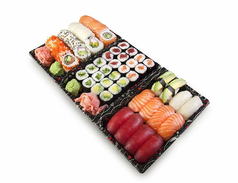 assorted, variety, cooked, foods, sushi, set, nigiri, maki, fish, raw