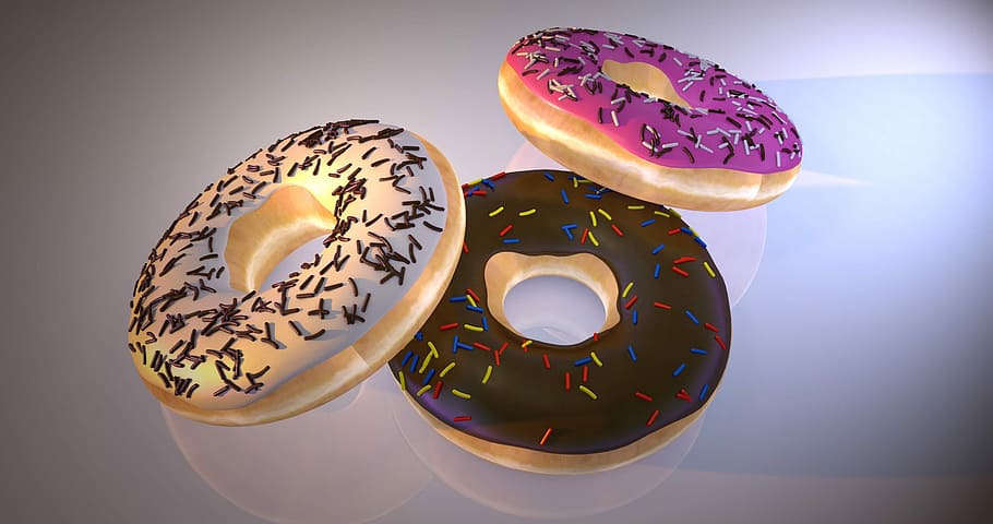 three, doughnuts, icing, sprinkles, donuts, refreshment, delicious, dessert, background, donut