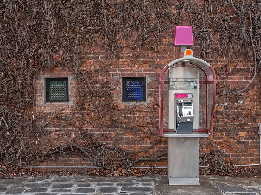 gray, brown, brick wall, Payphone, Phone, Public, Street, urban, telephone, communication