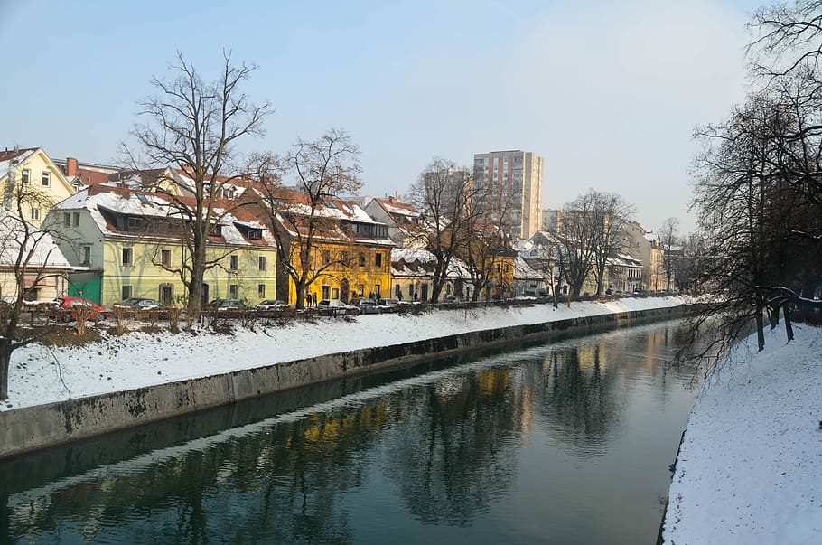 リュブリャナ, スロベニア, 雪, 冬, 都市, 風景, チャネル, 反射, 建物の外観, 水