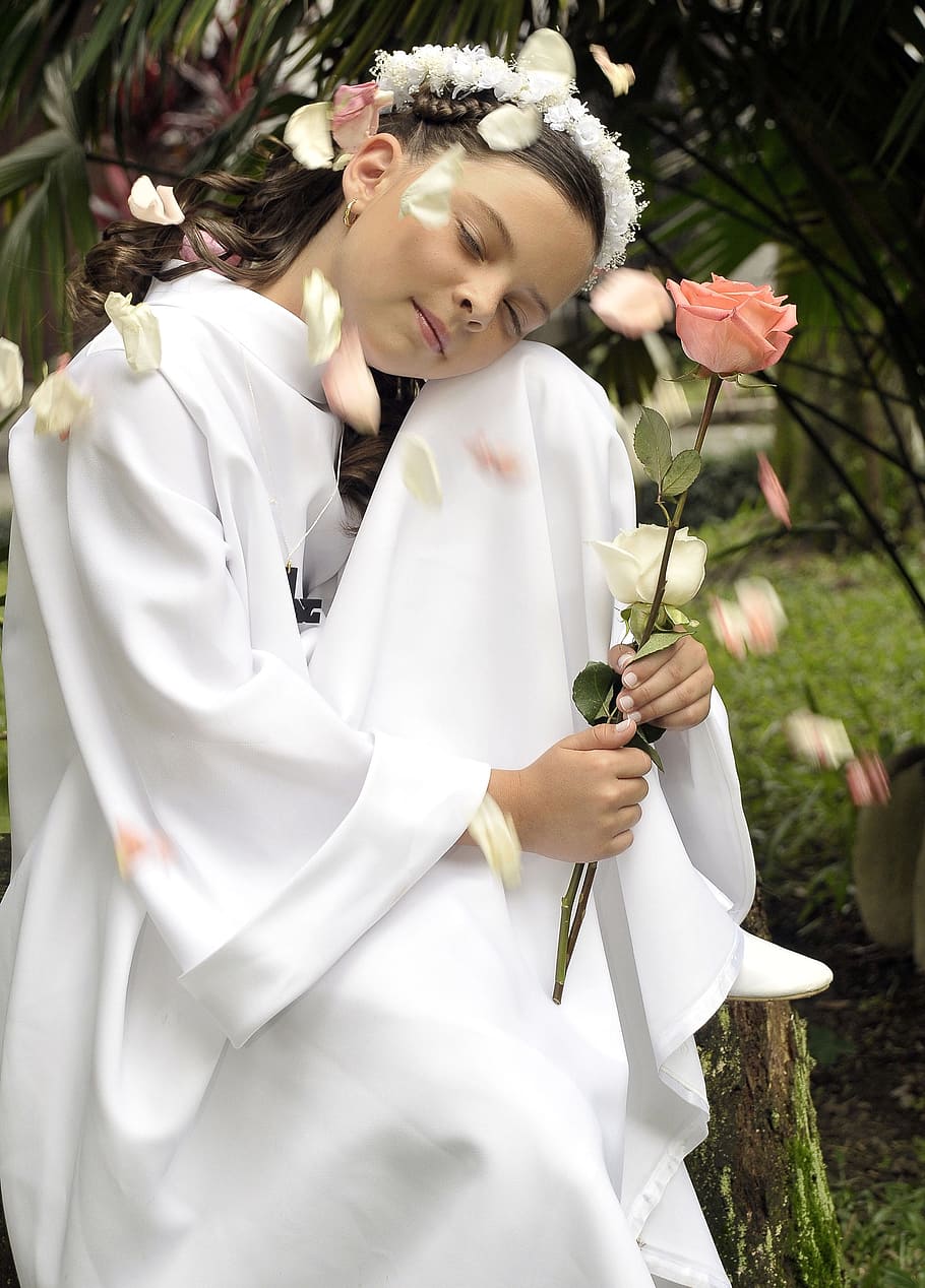 first communion, girl, pretty, plant, flower, flowering plant, white color, young adult, holding, real people