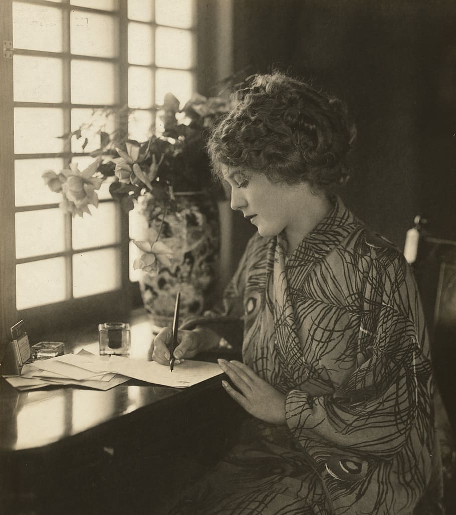 sepia, woman, writing, paper, mary pickford, vintage, actress, historical, historic, celebrity