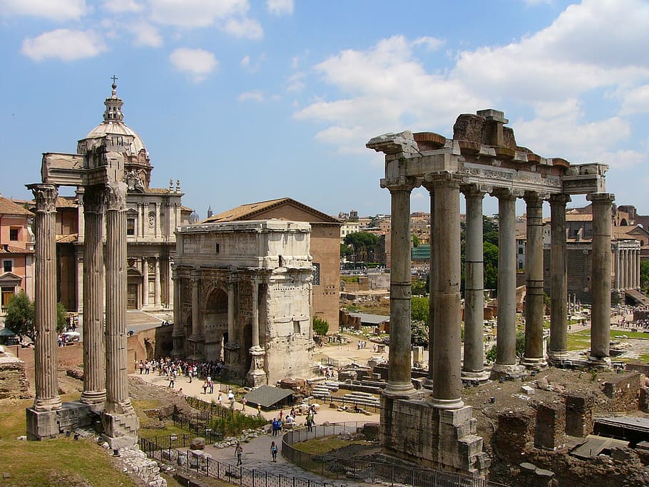 lots, tourist, visiting, gray, stone ruins, day, rome, italy, architecture, europe