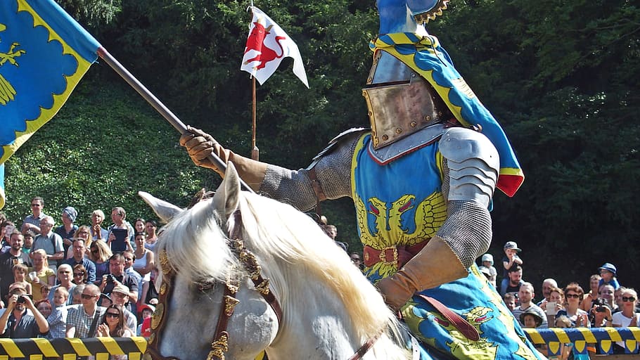 man, riding, horse, holding, flag, knight, middle ages, tournament, knights joust, armor