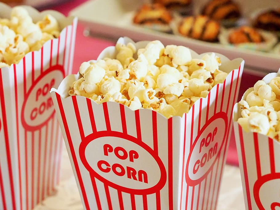 selective, focus photography, popcorn, movie, party, entertainment, food, corn, bucket, movie theater