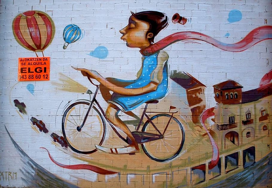 woman, riding, bike painting, graffiti, biker, person, mural, painting, artwork, wall