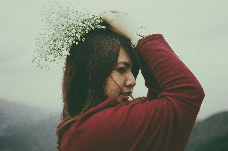 woman, holding, white, flowers, red, sweater, petaled, head, focus, photography
