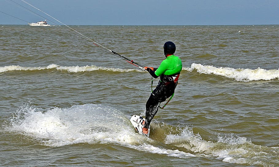 Kite Surfing, Water, Sea, surf water, to hold on, board, glide over water, drift from wind, start, wave