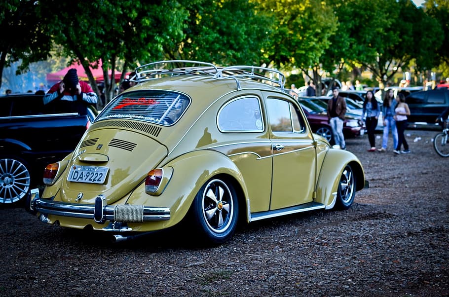 krem, volkswagen beetle coupe, diparkir, di samping, hitam, kendaraan, siang hari, voltswagon, kumbang, mobil