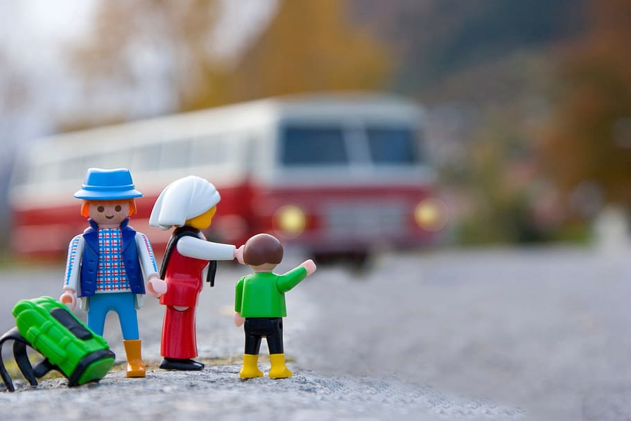 miniature, action figures, road, toy, family, parents, children, bus, travel, adventure