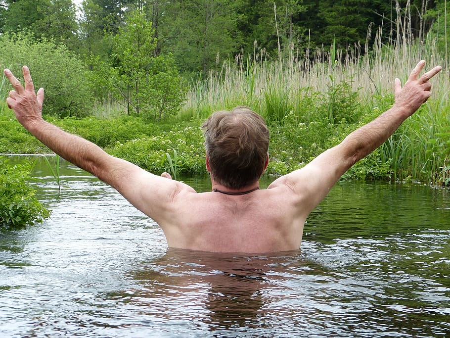 bach, river, man, human, swim, water, nature, meadow, nature conservation, joy