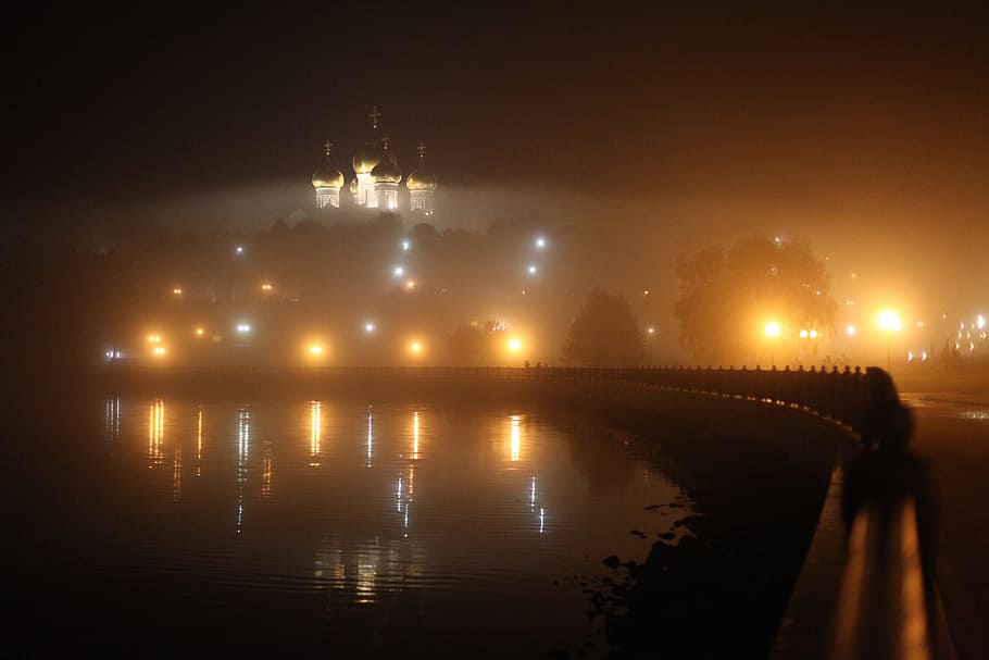 assumption cathedral, wagga, arrow, yaroslavl, quay, kotorosl, water, river bank, evening, fog