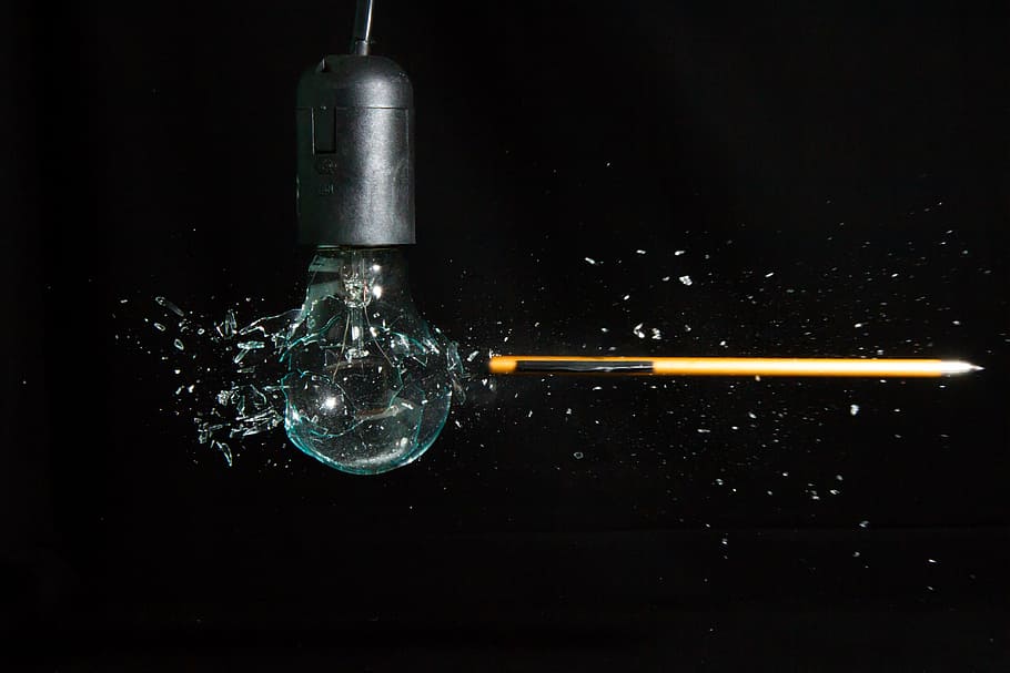 light bulb, fragile, pear, explosion, light, studio shot, black background, indoors, close-up, bottle