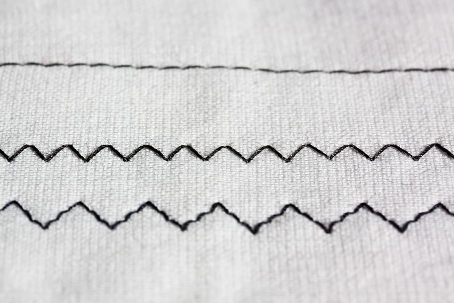 zigzag embroidered textile, zig zag, sewing machine, embroidery, black, white, sew, hand labor, tinker, fabric