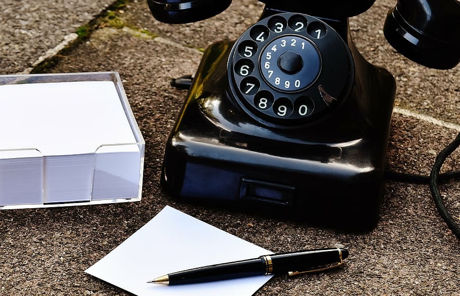 black, twist pen, roraty telephone, phone, old, year built 1955, bakelite, post, dial, telephone handset