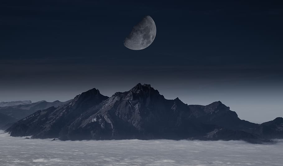 moon, mountain, sky, mountains, night, landscape, nature, space, fantasy, evening