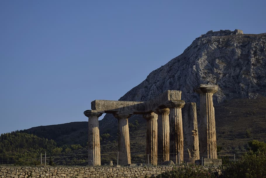 corinth, greece, story, sky, mountain, clear sky, architecture, nature, ancient, built structure