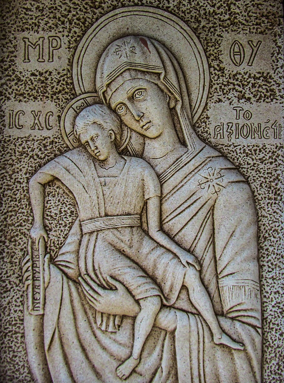 engraving, virgin mary, axion esti, wall, church, stone, religion, architecture, orthodox, cyprus