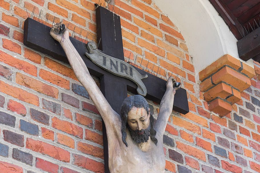the crucified christ, the crucifixion, stations of the cross, easter, wooden cross, the son of god, religion, christ, brick, brick wall